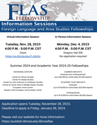 Flyer advertising the FLAS fellowship informational sessions. Virtual information session on November 28 from 4:00pm-5:00pm on Zoom. In-person info session on Monday December 4th, 4:00pm-5:00pm in Gregory Hall 205. Flyer lists the various awarding centers on campus and the various amounts of fellowship money offered during the summer and academic year. Application opens November 28,2023 and the deadline to apply is Friday, January 26, 2024.