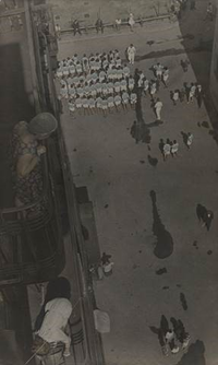 Aleksandr Rodchenko, Assembling for a Demonstration, 1928–30, gelatin silver print with applied color