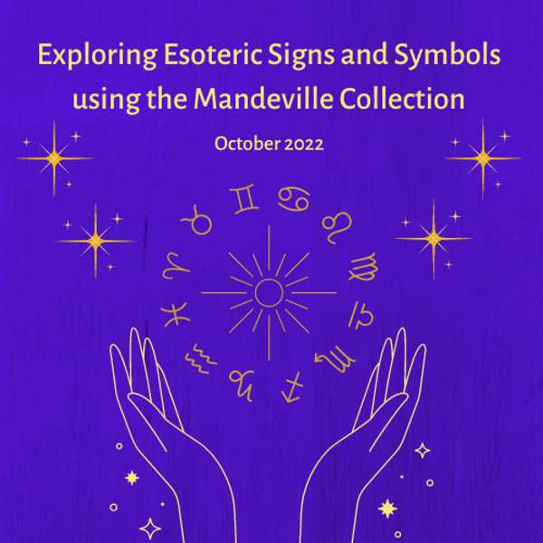 A blue background with an illustration of two hands under 12 zodiac signs arranged in a circle, with stars on either side.