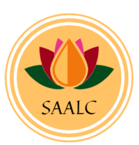 A green, red, pink, and yellow lotus flower sits on a yellow background. Under the lotus flower are the letters SAALC.