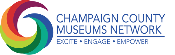 On the left of the long, rectanglular image is a circular swirl of seven colors. The main text says Champaign County Museums Network in dark blue. Under the text is a dark blue line that separates the main text from the Network motto: excite, engage, empower.
