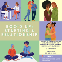 Event poster with multiple squares, each containing a different couple. Title text says: "Boo'd up: starting a new relationship." Text says: "Join us as we explore what makes a relationship healthy and examine how to decide when we're ready for a new relationship. All are welcome! Tuesday, October 4 from 5:30 - 6:30 PM at the WRC."