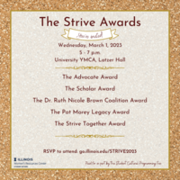 a gold glitter background with the words "You're Invited" and a list of the strive awards