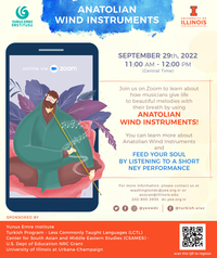 Illustration of a musician peacefully playing a wind instrument with text that is also listed in the description of the event