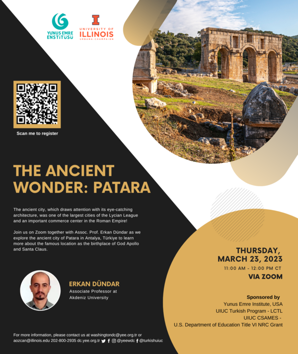 information poster for the lecture; image shows the ancient city of Patara and a portrait photo of the speaker; text is duplicated in the event description