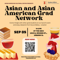 Asian and Asian American Grad Network flyer for the launch event on September 5, 2023, from 4 PM - 6 PM on yellow background with variety of treats.