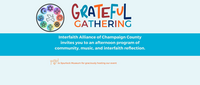 A graphic with "grateful gathering" written across in colorful letters. An image with a dove encircled with religious icons from a variety of religions.