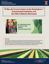 Flyer for Camila Gavin-Bravo's talk -- Shows an Image of Dr. Gavin-Bravo holding a book and contains information of the event