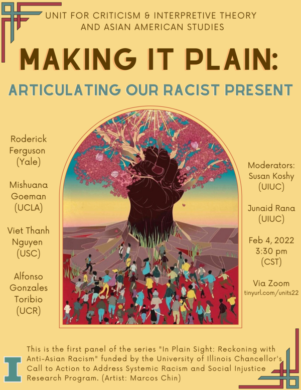 Poster for the event. Center image is people gathered around a tree made of a raised Black fist.