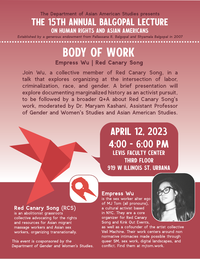 A red gradient poster featuring an origami crane, a small red bird skull (the logo for Red Canary Song), and a small photo of Empress Wu. Transcription in text body.