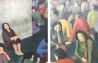 Oil on canvas by Nasrin Navab, Evin Ward 4, 1989. Tired female figures sitting around in a detention center/ward of some sort.