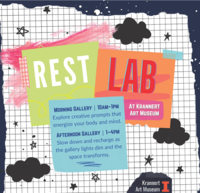 Graphic Design of the Rest Lab created by Isabel Young. Has a graphing paper grid background overlaying a dark blue base. On the white graphing paper there can be seen doodles of stars (both filled in and hollow), clouds and other dots. Graphic Design expresses on three post-it notes (green, orange, and blue) that the pop-up lab will take place in the morning (from 10 am to 1pm) and the afternoon (from 1pm to 4pm).