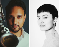 From left to right, the image shows Aakash Mittal (wearing a white collared button up, looking at the camera, with a part of his saxophone in the frame) and Lesley Mok (black and white image, picture of her is of a side profile with her looking into the camera wearing a turtleneck).