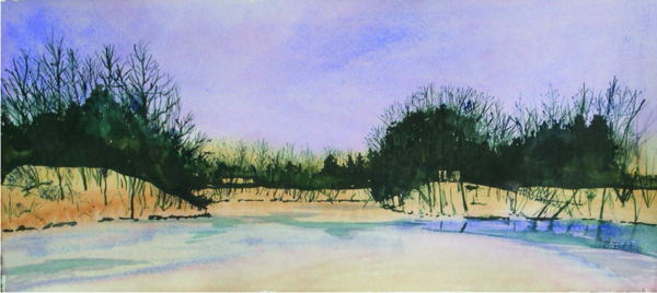 watercolor of a winter landscape. the image is wider than tall. in the foreground is a flat, snow covered field that is a frozen lake. beyond the water's edge, sandy ground stretches across the horizon, topped by sparse grasses and trees and dark evergreens. the sky has wispy clouds that are a violet lavender color