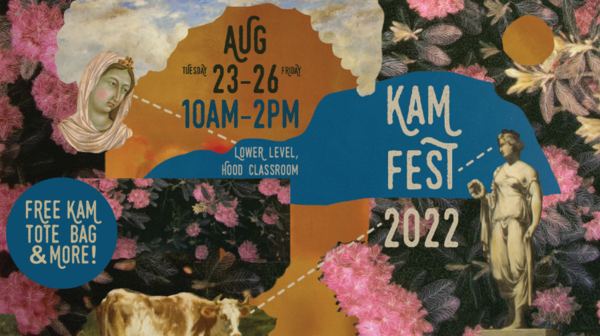 Flyer collage of pink and white flowers, white clouds against light brown and two grey statues, a cow, and information about KAM Fest dates and times.