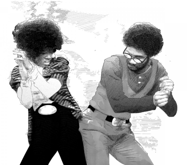 A black and white image of two dancers are bumping bums with each other.