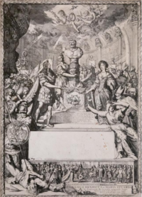 Image of Romeyn de hooghe's etching "Marriage of William and Mary". A man and woman are atop a pedestal with a statue in between them and soldiers and civilians surrounding them.