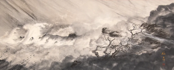 Ink and silver pigment on paper showing tumbling clouds and a barren tree being blown by a storm.