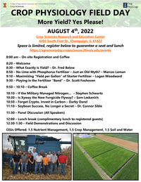 Flyer announcing crop physiology field day, Aug 4 2022 from 8:00AM-1:30 PM. Located at 4202 South First St., Champaign, IL 61822