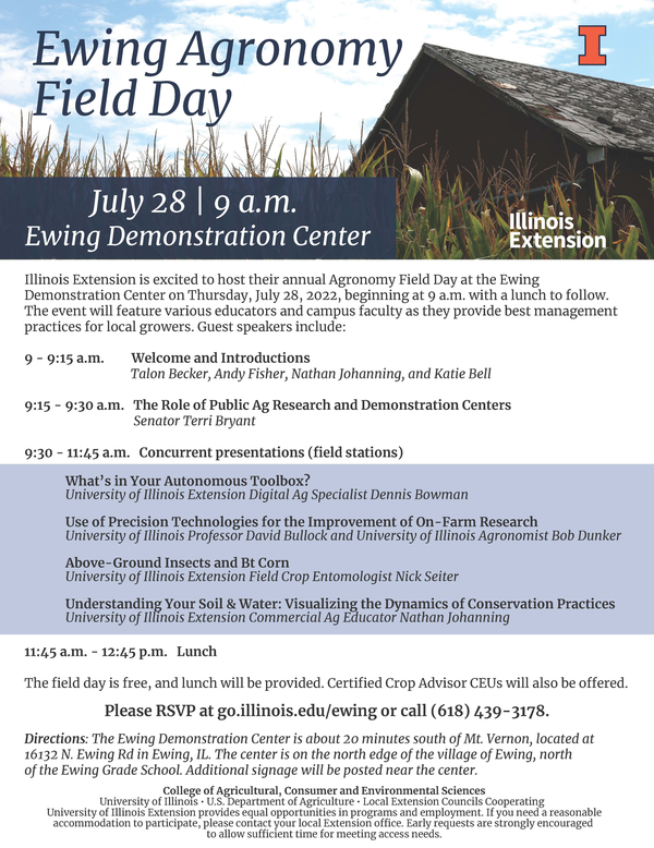 Flyer announcing Ewing Demonstration Center Agronomy Field Day, July 22, 2022, 16132 N Ewing Rd, Ewing, IL
