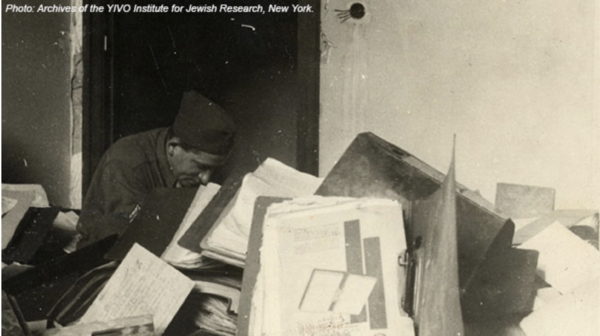 photo of assorted books and other materials from the YIVO Jewish archive, New York