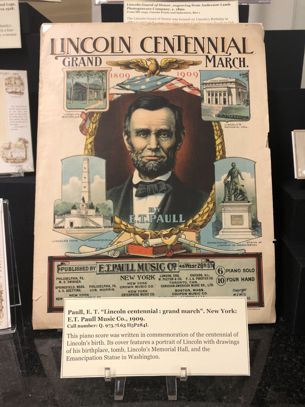 Cover of Lincoln Grand Centennial March Piano Score featuring color portrait of Lincoln and historic Lincoln sites