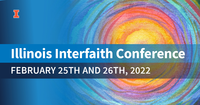 Vibrant multicolor sun in overlapping watercolor brushstrokes. Illinois Interfaith Conference, February 25th and 26th, 2022.