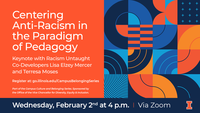 Publicity image for Centering Anti-Racism in the Paradigme of Pedagogy. Decorative tiles and curved geometric shapes in oranges and blues.