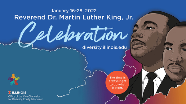 Profile of the Rev. Dr. Martin Luther King, Jr. against a gradient of blue clouds.