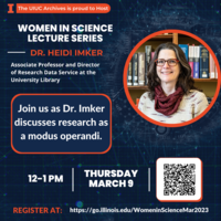 Women in Science Lecture Poster with headshot of Heidi Imker (wearing scarf and glasses) and network analysis graphics in background. All text information available in text info on this page