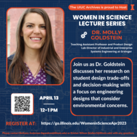 Women in Science Lecture Poster with headshot of Molly Goldstein and pipes and gears in background. All text information available in text info on this page