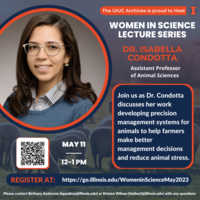 Women in Science Lecture Poster with headshot of Isabella Condotta (wearing scarf and glasses) and sheep in the background. All text information available in text info on this page