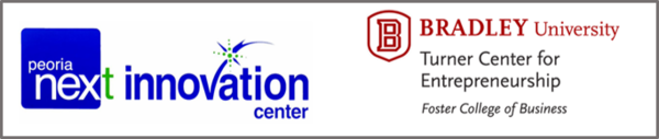 Image that includes logos for the Peoria Next Innovation Center and for the Turner Center for Entrepreneurship in the Foster College of Business at Bradley University.
