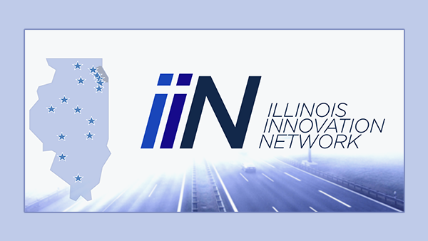 Image of the IIN logo on white background and framed in light blue. Logo image includes an Illinois Map with stars indicating locations of members of the IIN. The letters IIN are displayed prominently followed by the words Illinois Innovation Network.