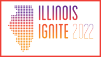 Logo image says Illinois Ignite 2022 in gradients of purple, red, orange, and dark yellow. Includes a map of Illinois comprised of dots, also in gradient from purple to dark yellow. The images is framed in orange.