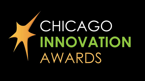 Image with black background, irregular shaped gold star, and the words Chicago Innovation Awards in white, green, and gold (respectively).