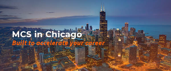 Chicago skyline at night with text MCS in Chicago, Built to accelerate your career