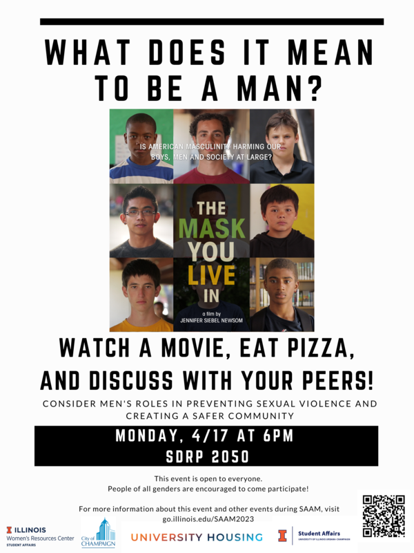 Watch a movie, eat pizza, and discuss with your peers! Consider men's roles in preventing sexual violence and creating a safer community!
