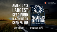 Photo of tour bus driving through a rural area. Photo is overlaid with the America's Seed Fund logomark (spiral of dots) and the words America's Seed Fund 2024 Road Tour.