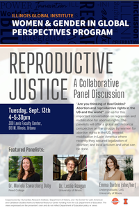 Details for Reproductive Justice talk on Sep 13 - all details available in text in the event description.