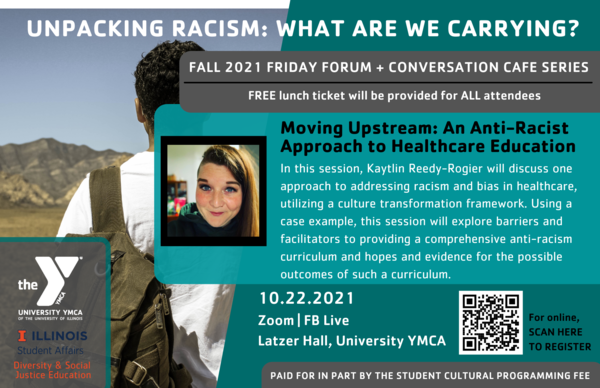 Oct 22nd Friday Forum guest speaker Kaitlyn Reedy-Rogier. Image of child in the background with a backpack.