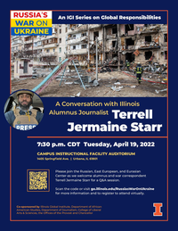 Photo of Terrell Jermaine Starr, UIUC Alumnus and Journalist. Photo of ruins of Ukrainian building.