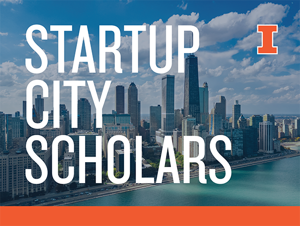 Background image of Chicago skyline, text that reads "Startup City Scholars"