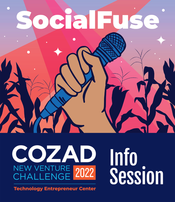 SocialFuse image, person's hand holding a microphone, and the text "Cozad New Venture Challenge 2022 Info Session"