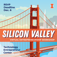 Illustration of the Golden Gate Bridge with text "Silicon Valley Virtual Entrepreneurship Workshop" and "RSVP Deadline Dec. 6"