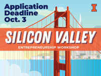 Illustration of the Golden Gate Bridge with the words: Silicon Valley Entrepreneurship Workshop Application Deadline Oct 3, Technology Entrepreneur Center
