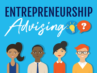Illustration of 4 students with text "Entrepreneurship Advising"