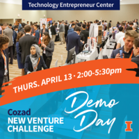 Photo of 50-75 students showcasing their startup ideas at Cozad New Venture Challenge Demo Day