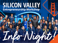 Group photo of UIUC students in front of Intel bldg in Santa Clara, CA with the text "Silicon Valley Entrepreneurship Workshop Info Night"