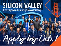 Group photo of UIUC students in front of Intel bldg in Santa Clara, CA with the text "Silicon Valley Entrepreneurship Workshop Apply by Oct. 1"